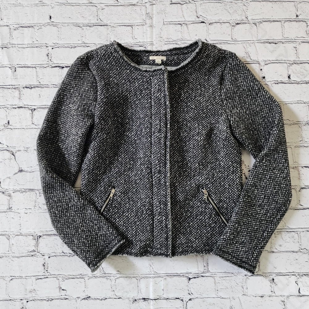 Gap Womens Small Herringbone Fleece Jacket Black Gray Snap Front Moto Blazer